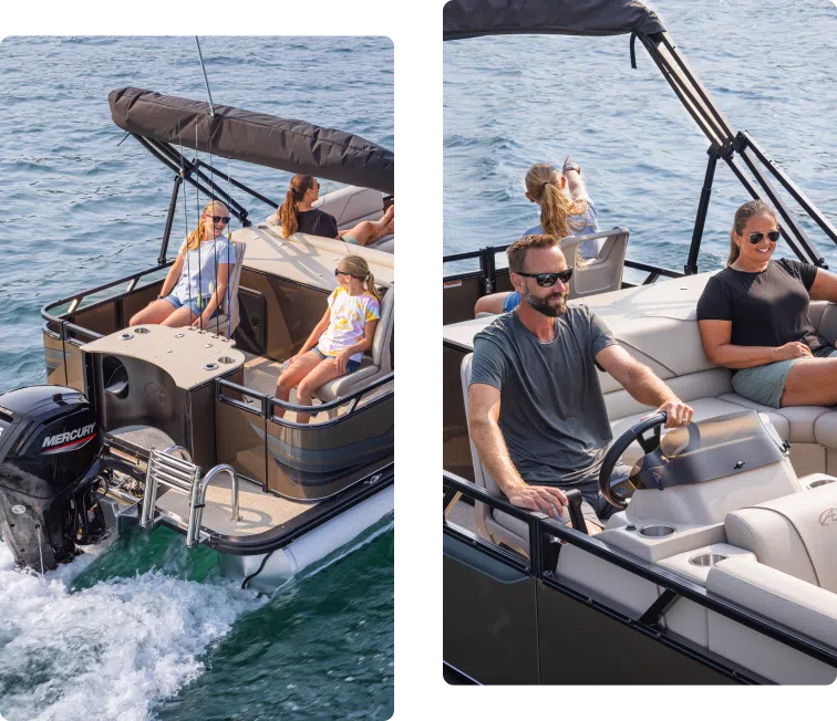 Two images of people on a pontoon boat in open water. Left image: Three people seated at the rear, two wearing sunglasses. Right image: A man and woman at the helm, both wearing sunglasses, skillfully steering despite the pontoon boat's weight.