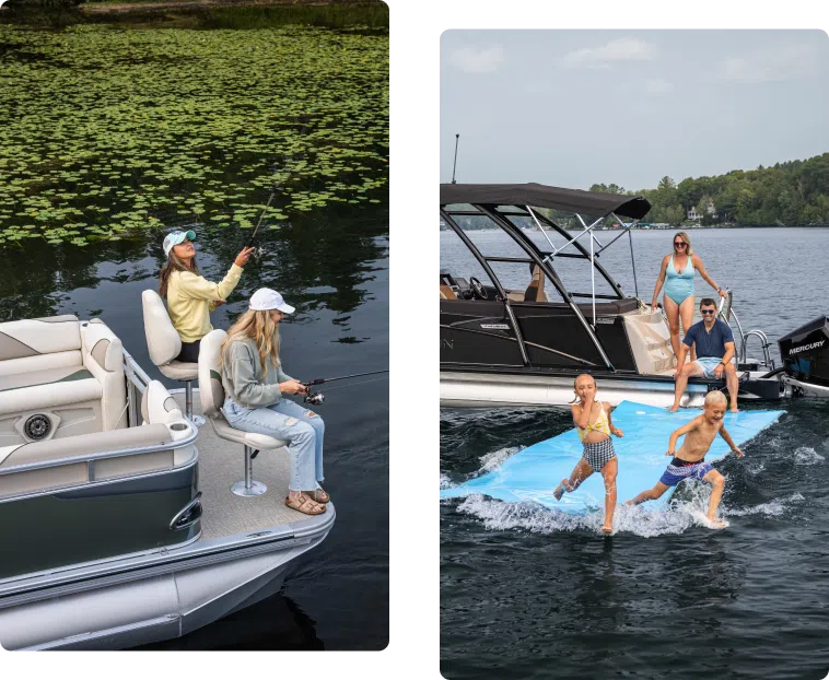 Left image: Two people fishing on a boat near a lily-covered shoreline. Right image: Four people enjoying a day by the water, with two swimming near a pontoon boat and two standing on the deck, noting its impressive weight capacity.