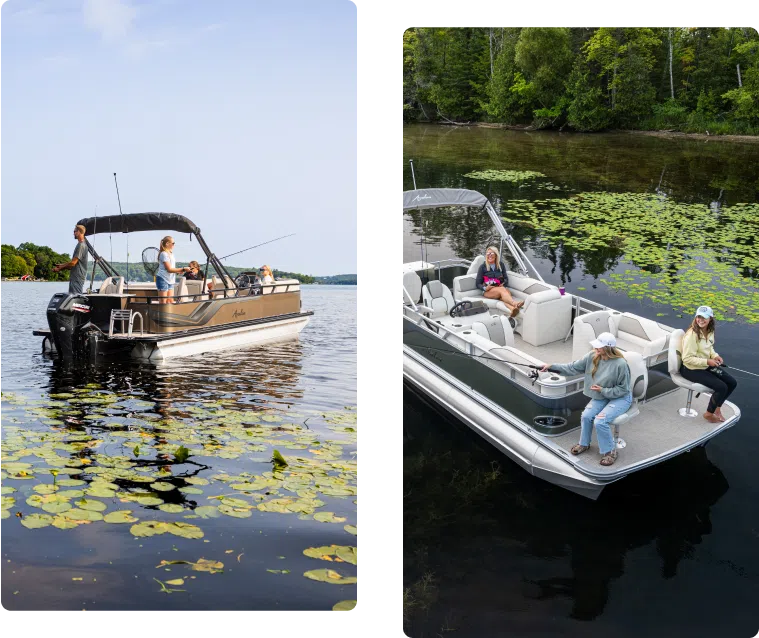 Two images of a pontoon boat on a lake capture the serene scene. The first shows people fishing among lily pads, while the second offers a top view of passengers seated and standing along the shore. With clear, sunny weather, it's an ideal day for cruising despite the boat's weight considerations.