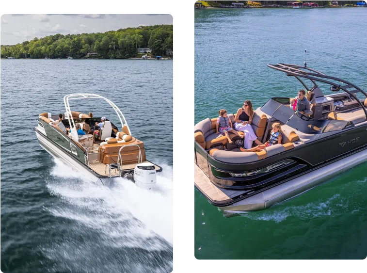 Two images of people enjoying pontoon boats on a lake. The left image shows a group cruising at high speed, expertly maneuvering the helm. The right image features a family relaxing, anchored comfortably. Both scenes are set against a backdrop of greenery and calm water, celebrating classic boat terms in action.