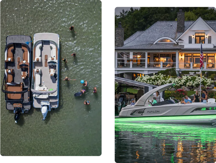 Left image: Two boats, anchored perfectly in shallow water, where people swim nearby. Right image: A vessel illuminated with nautical green lights lies docked gracefully in front of an elegant house at dusk.