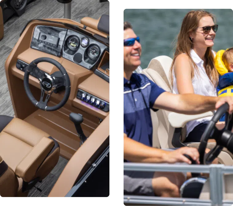 A split image showing a boat interior with a steering wheel and dashboard on the left, and a family on a boat ride on the right, with a man steering and a woman holding a child who is wearing a life jacket.