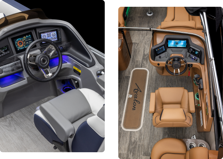 Side-by-side images of luxury boat interiors. The left shows a gray, blue, and white cockpit with instruments and a steering wheel. The right displays a brown helm seat, control panel with screens, and a textured floor with "Avalon" written on a mat.