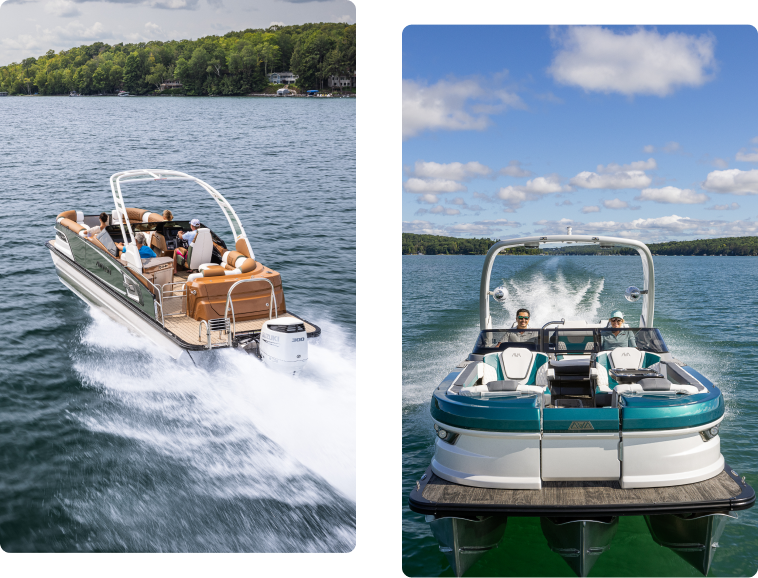 Two images of motorboats on a lake: one shows a group relaxing on a tan pontoon boat moving left, surrounded by lush greenery. The other depicts a teal and white boat moving toward the viewer, driven by two people under a cloudy blue sky.