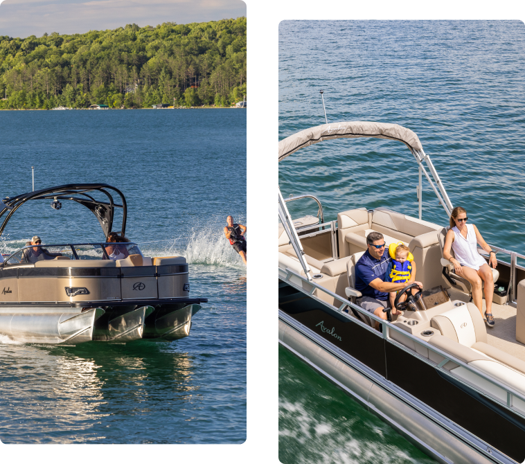 Two images of boats on a lake: the left shows a dark pontoon speeding by greenery, and the right displays a family relaxing on a light-colored pontoon with blue waters and forested shorelines in the background.