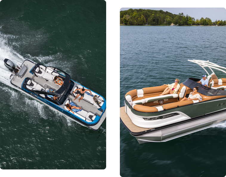 Split image showing two boats on water. The left boat is white and blue with people lounging. The right boat is larger, with a brown and white deck, featuring several people relaxing under a white canopy. Forested shoreline in the background.