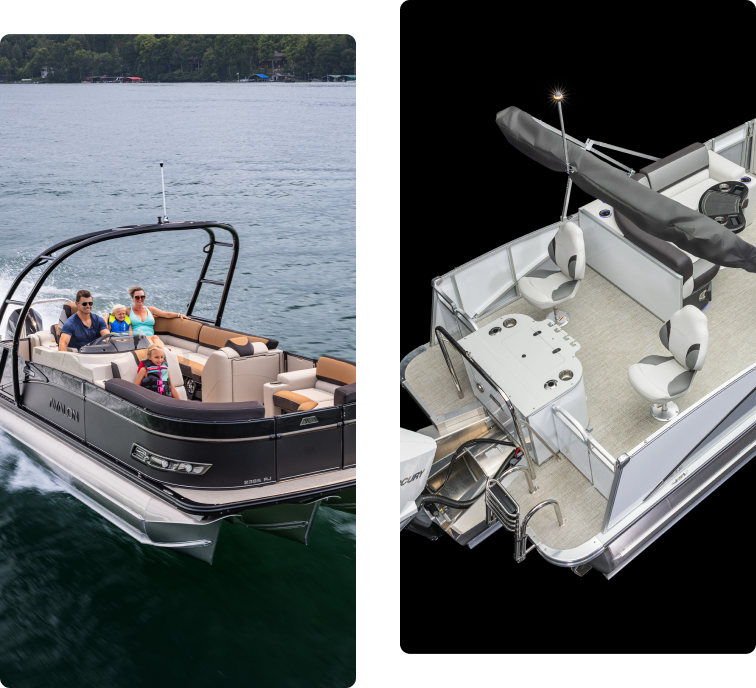 Split image of a family enjoying a ride on a pontoon boat on a lake, and a top-down view of an empty pontoon boat with seating and helm station visible.