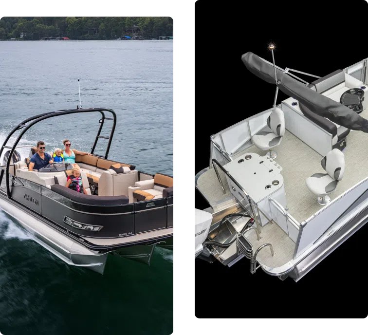 Split image of a family enjoying a ride on a pontoon boat on a lake, and a top-down view of an empty pontoon boat with seating and helm station visible.