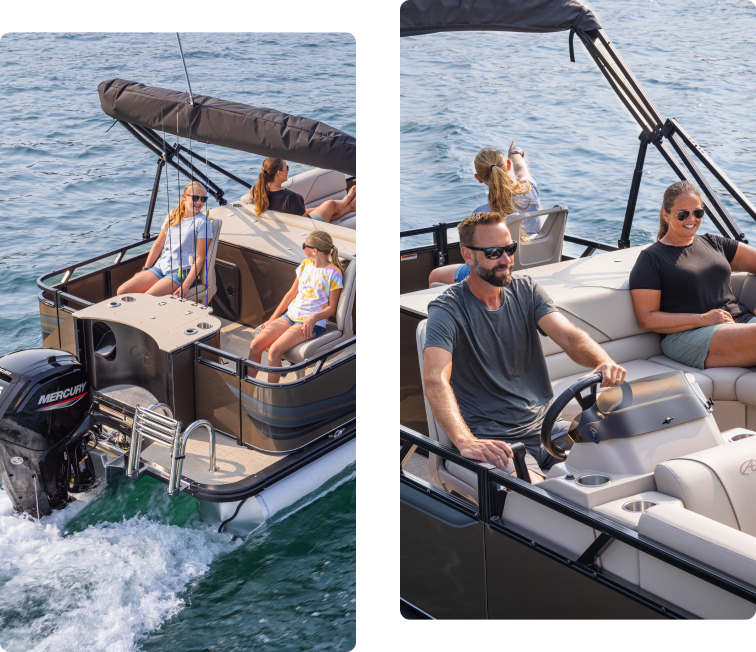 Two images of people enjoying a boat ride on a sunny day. The first image shows three people relaxing at the back of the boat. The second image shows a man steering the boat and a woman sitting beside him. The water is calm and the sky is clear.