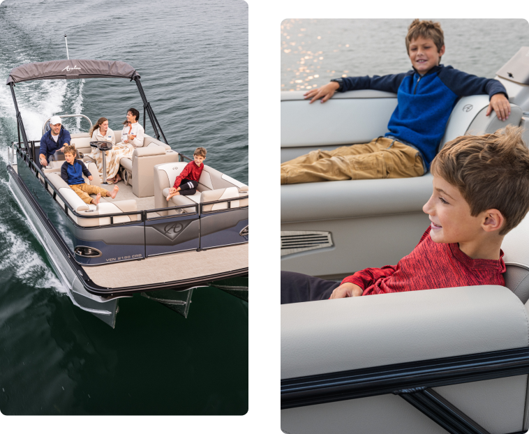 A group of adults and children enjoy a ride on a pontoon boat on calm water. The left image shows the boat from above, while the right image focuses on two smiling boys, one in a blue jacket and the other in a red one, seated on the boat.