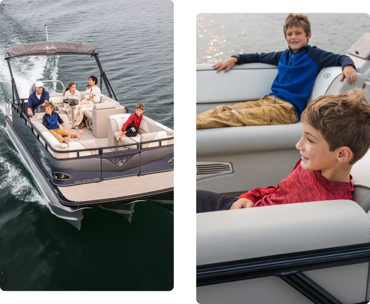 A group of adults and children enjoy a ride on a pontoon boat on calm water. The left image shows the boat from above, while the right image focuses on two smiling boys, one in a blue jacket and the other in a red one, seated on the boat.