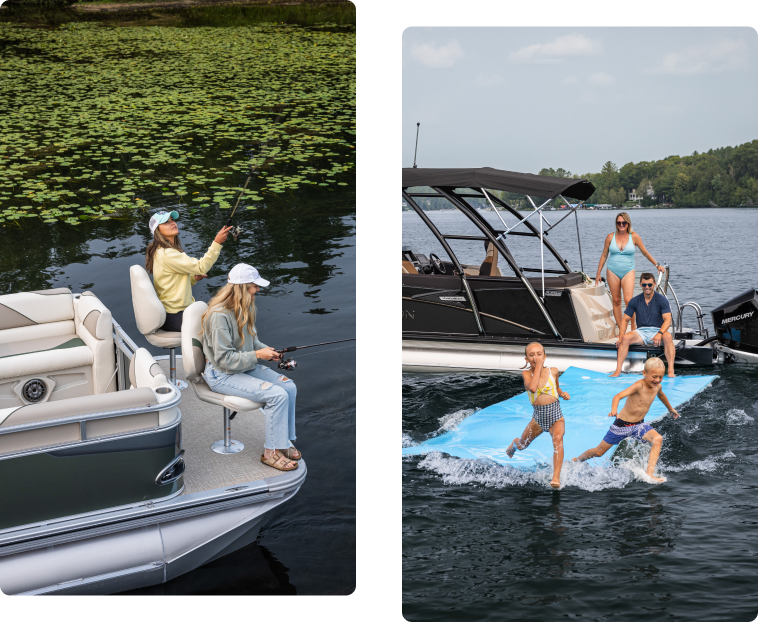 On the left, two people fish from a boat on a lily-covered lake. On the right, two adults relax on a boat while two children play on a floating mat in a clear lake. Both scenes depict leisure activities on the water.