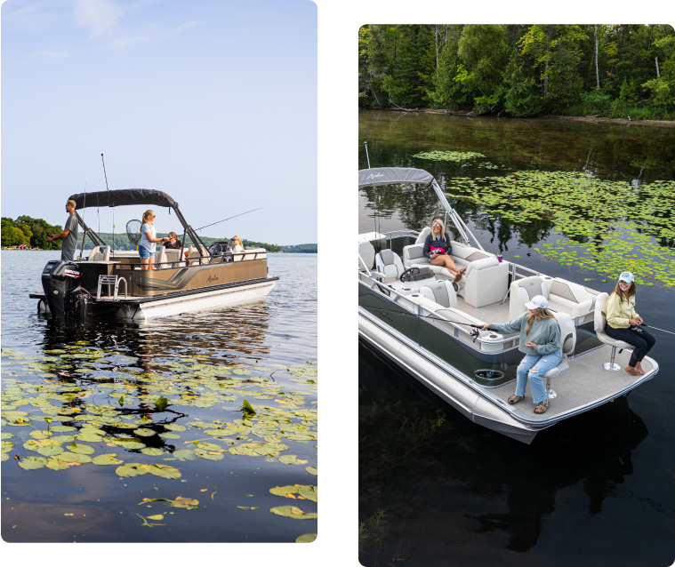 Two images of people on boats. The left image shows a pontoon boat with several people fishing on a lake surrounded by lily pads. The right image features a similar boat with people sitting and relaxing near a forested shoreline.