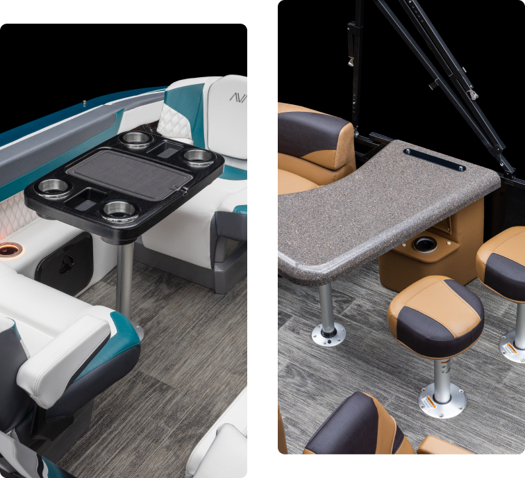 Split image showing two interior views of a boat. Left side has a seating area with a table and cup holders, featuring teal and white cushions. Right side shows a bar-like table with brown and beige stools on a gray wood floor.