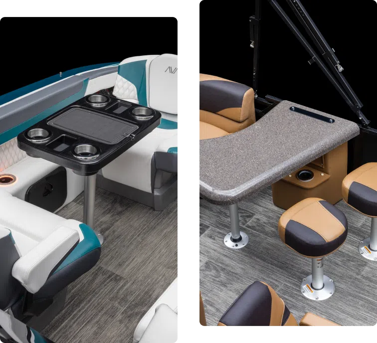 Split image showing two interior views of a boat. Left side has a seating area with a table and cup holders, featuring teal and white cushions. Right side shows a bar-like table with brown and beige stools on a gray wood floor.