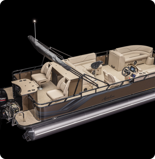 Aerial view of a luxury pontoon boat with beige seating, a control console, and an outboard motor. The deck features a table with built-in cup holders, plush seating areas, and sleek design, set against a black background.