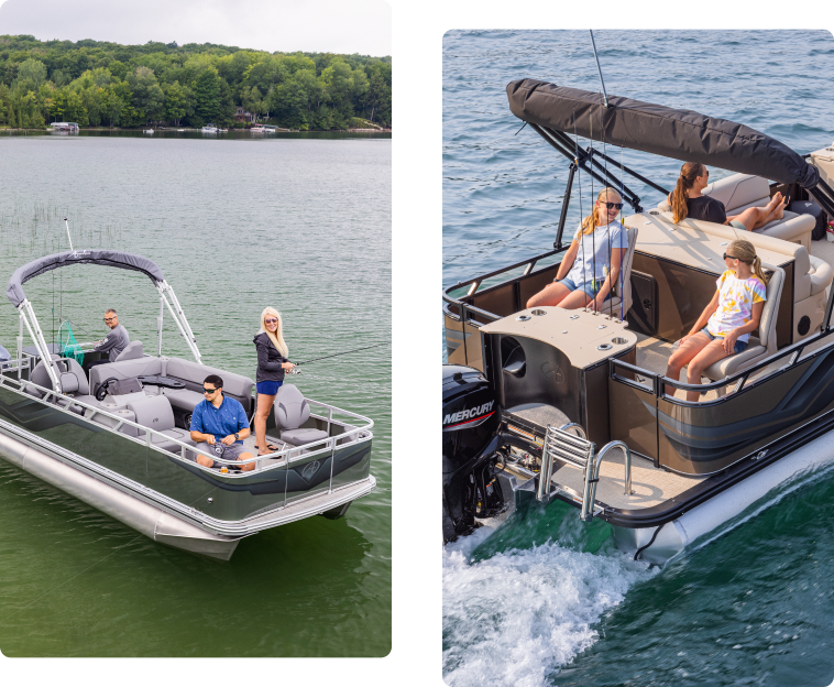 Two images of pontoon boats on a lake. The first shows three people relaxing on a gray pontoon. The second features three people seated on a speeding pontoon boat with a canopy, creating a wake in the water. Lush trees line the background.