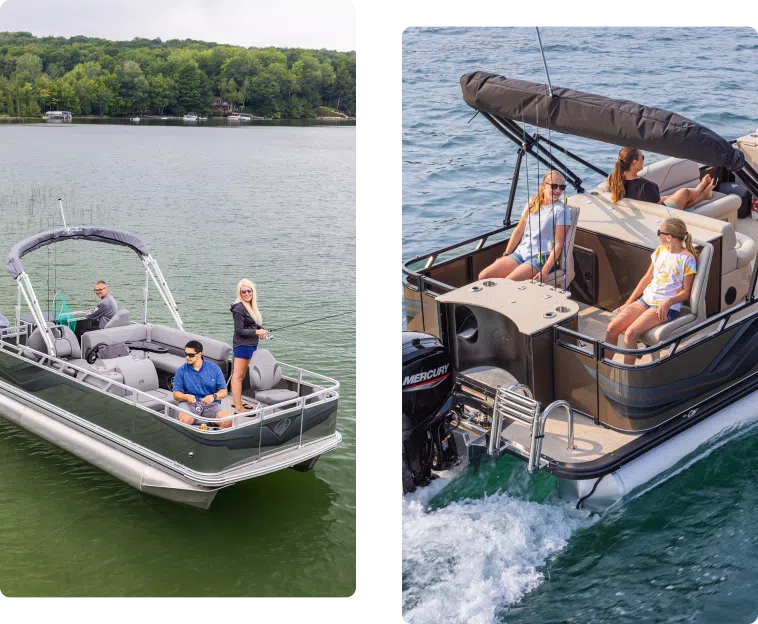 Two images of pontoon boats on a lake. The first shows three people relaxing on a gray pontoon. The second features three people seated on a speeding pontoon boat with a canopy, creating a wake in the water. Lush trees line the background.