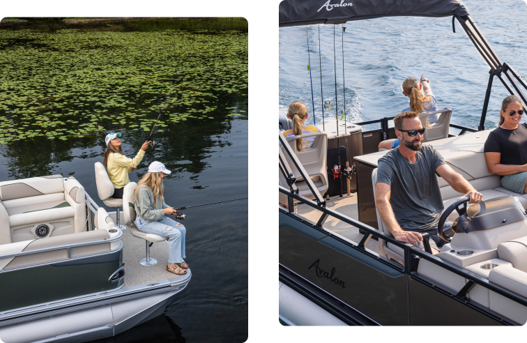 Two images side by side: On the left, two people fishing on a calm lake surrounded by greenery. On the right, a man steering a boat on open water, with two people seated behind him, one taking a photo.