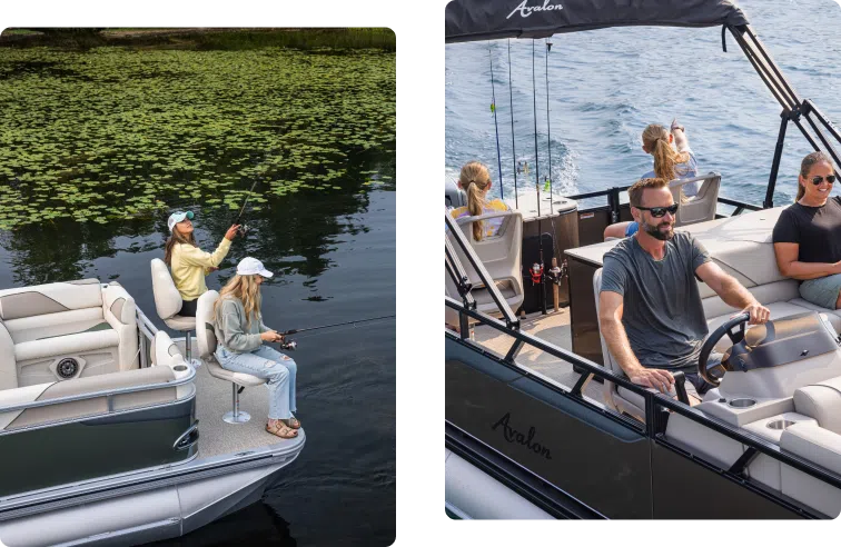 Two images side by side: On the left, two people fishing on a calm lake surrounded by greenery. On the right, a man steering a boat on open water, with two people seated behind him, one taking a photo.