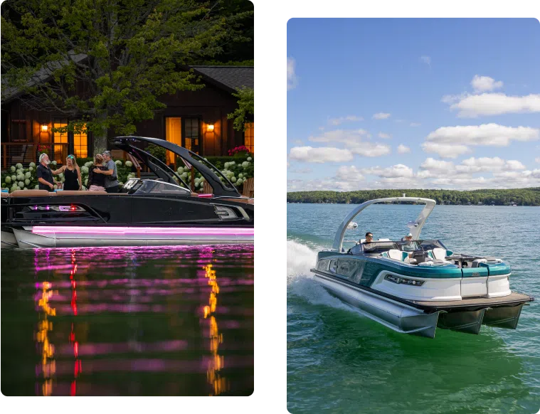 Image split: Left side shows people on a sleek boat with pink lights docked by a house at night. Right side displays the same boat cruising on a lake under a clear, sunny sky.