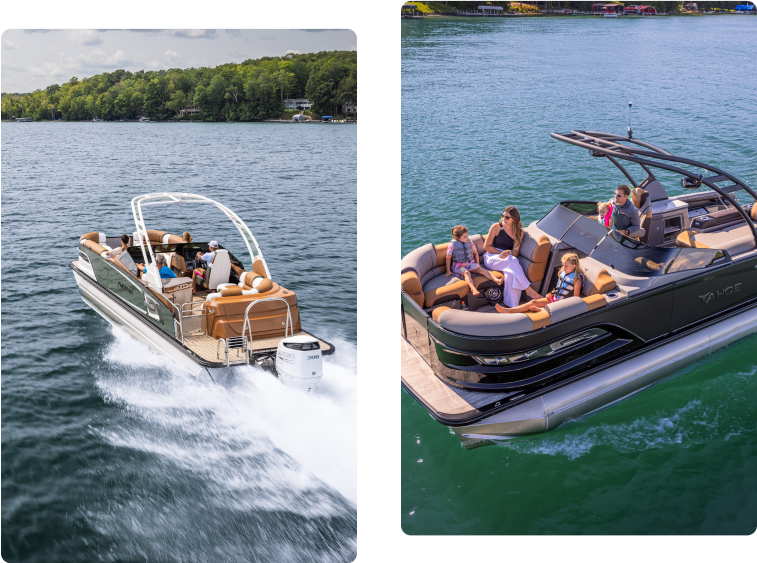 Two side-by-side images of pontoon boats on a lake. The left image shows a speeding boat with people onboard, surrounded by forested shoreline. The right image shows a stationary boat with passengers relaxing in the sun.