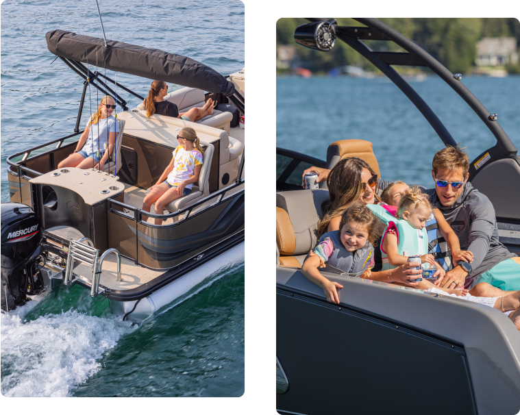 Two photos capture a family on a boat ride. In the first, two women and a child sit at the back of a moving vessel. The second image shows a family of five, including two children and a baby, smiling aboard one of the top pontoon boat brands, basking in the sunny day.