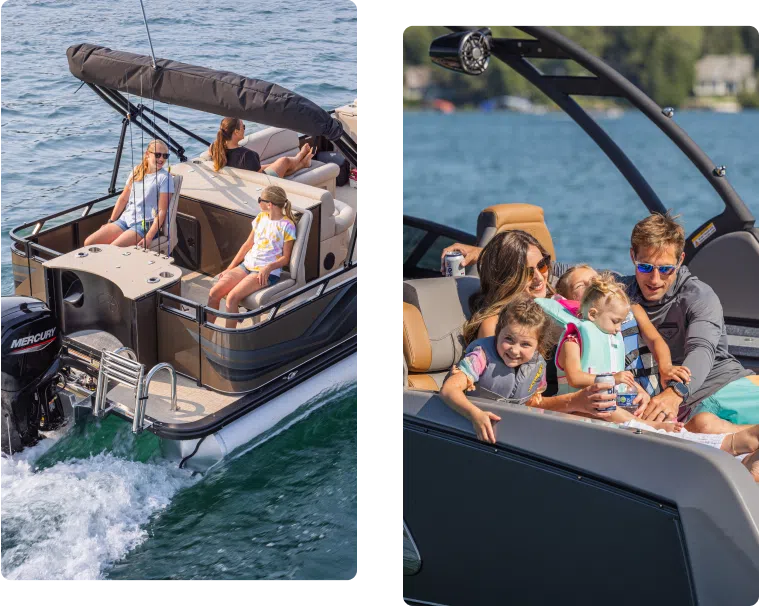 Two photos capture a family on a boat ride. In the first, two women and a child sit at the back of a moving vessel. The second image shows a family of five, including two children and a baby, smiling aboard one of the top pontoon boat brands, basking in the sunny day.