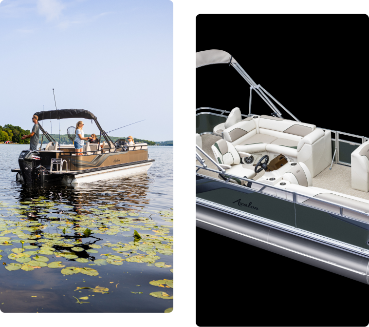 On the left, a family is enjoying a day of fishing on a pontoon boat in a lake dotted with lily pads. On the right, there's a close-up view of one of the renowned pontoon boat brands, featuring sleek seating and an open deck for relaxation.