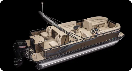 A premium pontoon boat from top brands, featuring beige seating and a black motor, seen from above. It boasts multiple seats, a steering console, and a covered area. The hull is sleek and modern, set against a black background.