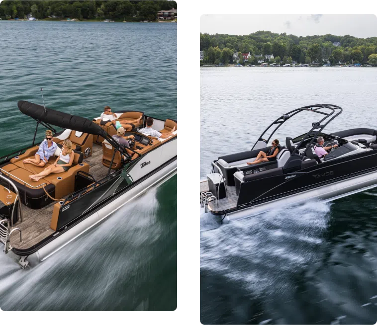 Two images of pontoon boats on a lake highlight popular pontoon boat brands. The left boat has five people relaxing on brown seats, while the right features two people on a sleek, black design, moving swiftly. Both scenes capture a clear day with lush greenery in the background.