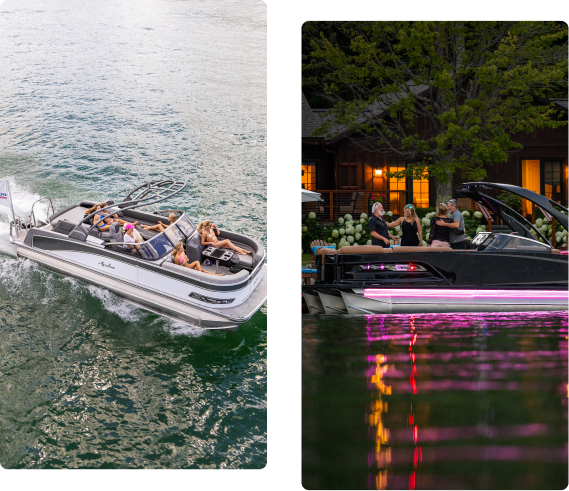 Two images of pontoon boats. The left shows a boat speeding on water during the day with passengers relaxing, embodying luxury well worth exploring given current pontoon prices. The right features a night scene near a dock with people onboard, illuminated by pink and purple lights.