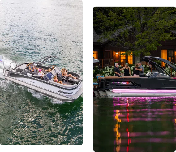 Two images of pontoon boats. The left shows a boat speeding on water during the day with passengers relaxing, embodying luxury well worth exploring given current pontoon prices. The right features a night scene near a dock with people onboard, illuminated by pink and purple lights.