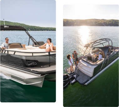 Two pontoon boats on a calm lake. The left image shows a couple relaxing on their new pontoon with beige seating, while the right image captures a group enjoying a ride on a similar boat, sunlight dancing across the water.