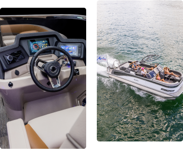 Split image showcasing a boat's modern dashboard with a steering wheel on the left, and an aerial view of a new pontoon with people relaxing while cruising through the water on the right.