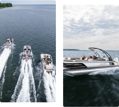 Aerial view of four boats speeding through open water, creating wake trails under a partly cloudy sky. On the right, a close-up of a new pontoon boat with passengers gliding smoothly beneath the clouds.