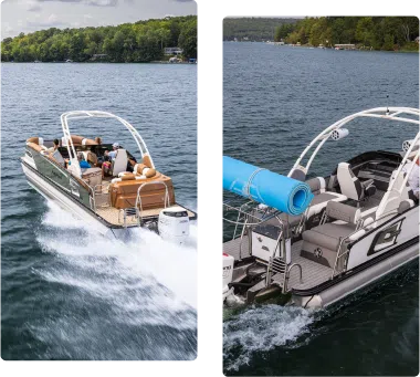 Two images of pontoon boats on a lake showcase the fun and leisure they offer. The left boat speeds along with people onboard, while the right carries a blue rolled-up mat, seen from behind. Both glide through blue waters near a lush green shoreline—a scene that prompts thoughts about pontoon prices.