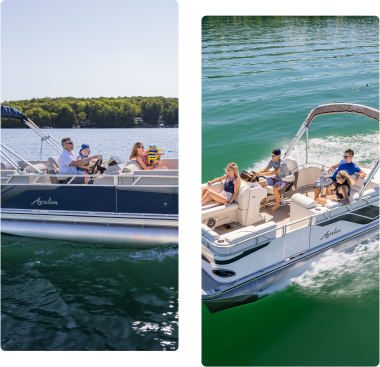 Two photos depict people enjoying a ride on pontoon boats in a sunny lake setting. The vessels, showcasing boat terminology like "deck" and "hull," have multiple passengers relaxing, including adults and children, with lush green trees in the background and calm water surrounding them.