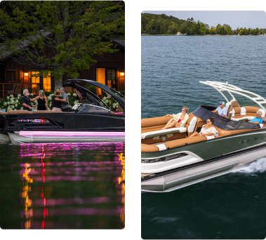 Split image: Left side captures people enjoying a party on a boat, vibrant with purple lights near a cabin at night. Right side illustrates a group relaxing on a luxury pontoon, expertly navigating the lake's gentle wake under the sunny sky, incorporating classic boat terminology.