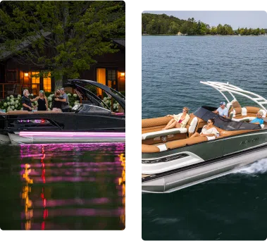 Split image: Left side captures people enjoying a party on a boat, vibrant with purple lights near a cabin at night. Right side illustrates a group relaxing on a luxury pontoon, expertly navigating the lake's gentle wake under the sunny sky, incorporating classic boat terminology.