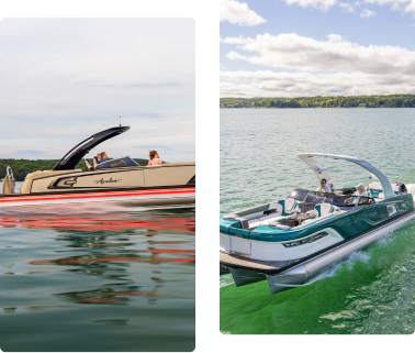 Two motorboats on a sunny day, showcasing splendid boat terminology. The first is cream-colored with black details resembling a classic hull, while the second boasts a sleek, teal-and-white design. Both vessels cruise on calm green waters as passengers enjoy the smooth ride.