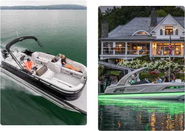 Two images of boats on a lake: the first captures a black vessel with people relaxing onboard; the second depicts a white craft with green lights, positioned in front of a large house at the shoreline. Both are cruising in calm, verdant water, demonstrating expert boat terminology in action.